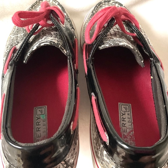 Black White Red Sperry Biscayne Sequined Loafer Lace Up Boat Shoes Size 8M - Picture 8 of 15